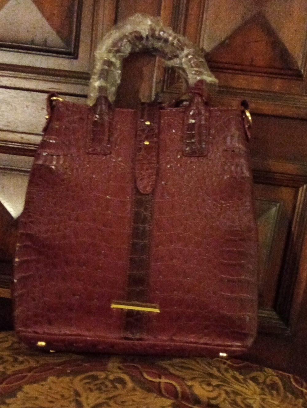 Croc-Embossed Burgundy Handbag Purse Bag with Gold Accents
